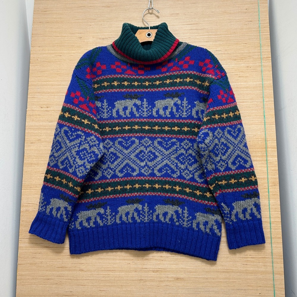 Vintage 1992 Eddie Bauer Wool Nordic Moose Fair Isle Turtleneck Sweater Blue S